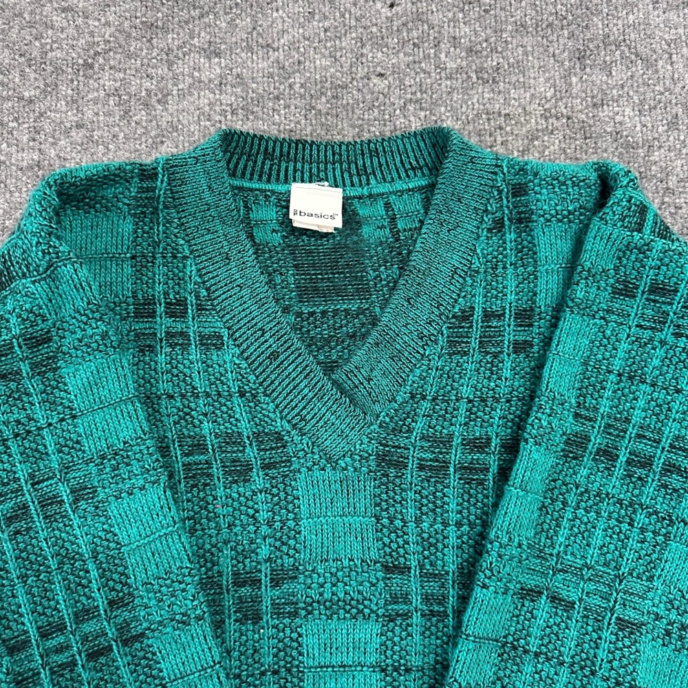 Basics Sweater Mens Size S Teal Textured Knit V-Neck Long Sleeve Geometric